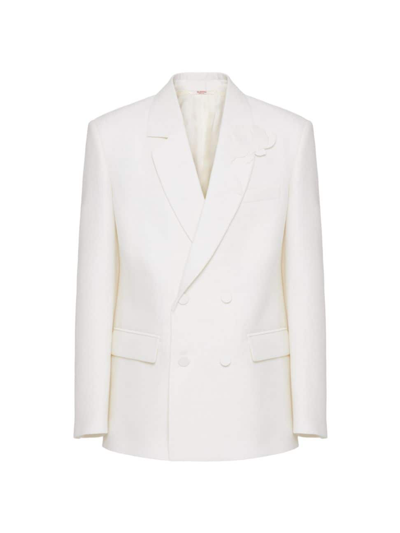 Valentino Double-breasted Wool And Silk Jacket With Flower Embroidery In Ivory