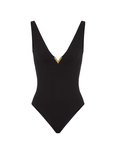 Valentino Lycra V-neck One-piece With High-cut Leg In Black