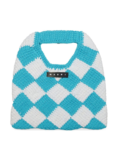 Marni Kids Logo Patch Checked Crochet Shoulder Bag In Blue White