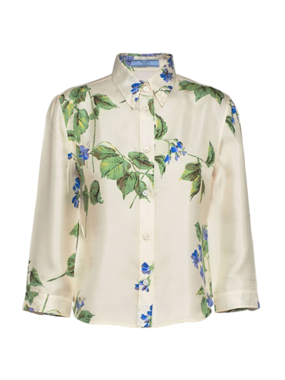 Prada Viola Print Three-quarter Sleeve Twill Shirt In F0k74 Talco