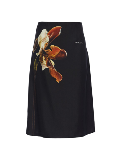 Prada Floral-print Silk Midi Skirt In Black