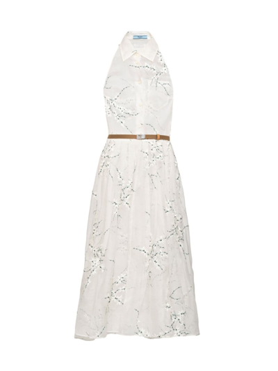 Prada Embroidered Dress With Halter Neck In Bianco