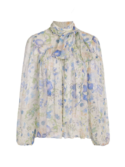 Zimmermann Natura Floral Print Tie Neck Shirt In Blue Garden Print