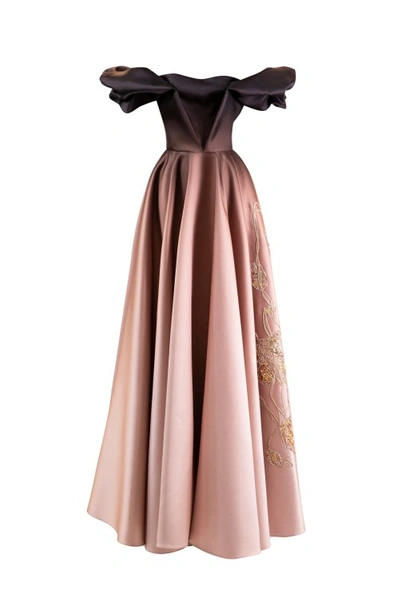 Saiid Kobeisy Off-shoulder Gradient Printed Dress With Beading In Brown