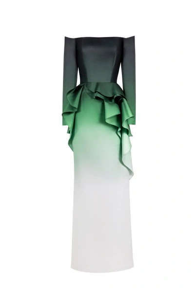 Saiid Kobeisy Off-shoulder Gradient Printed Dress With Peplum In Green
