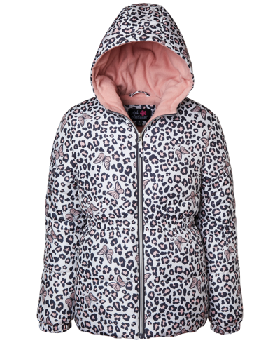 Wippette Kids' Pink Platinum Big Girls Butterfly-animal-print Hooded Puffer Jacket In White