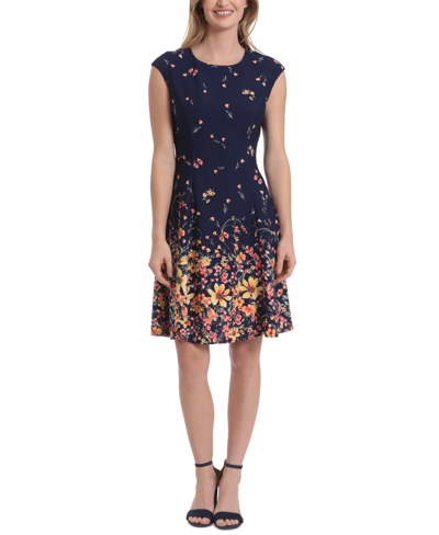London Times Women's Scattered Floral-print Fit & Flare Dress In Navy,gold