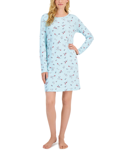 Charter Club Women's Printed Long-sleeve Soft Knit Sleepshirt, Created For Macy's In Cardinal Icy Aqua