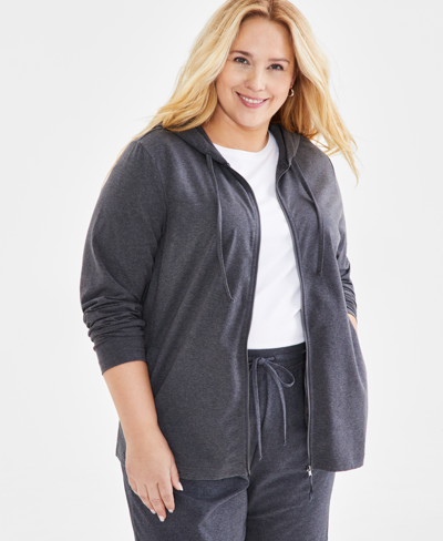 Style & Co Plus Size Zip-up Hooded Sweatshirt, Created For Macy's In Charcoal Heather