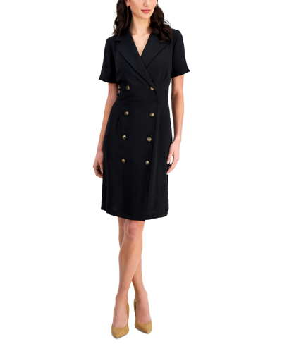 Connected Women's Double-breasted Short-sleeve Sheath Dress In Black