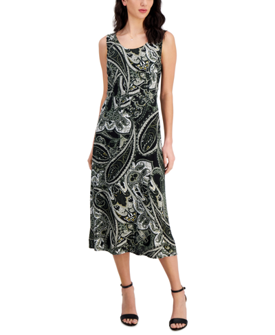 Connected Women's Printed Round-neck Tie-back Midi Dress In Olive