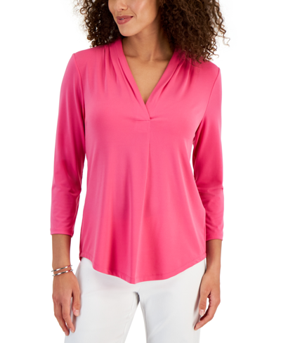 Jm Collection Women's 3/4 Sleeve V-neck Pleat Top, Created For Macy's In Divine Berry