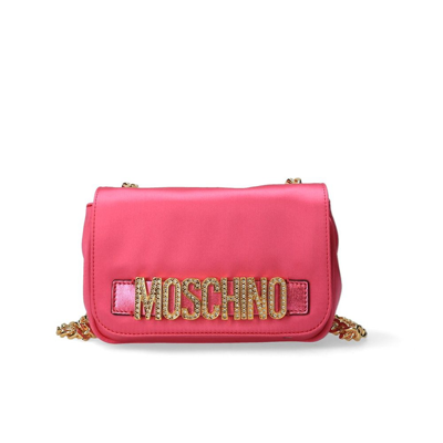 Moschino Satin Logo Plaque Shoulder Bag In Pink