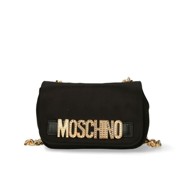Moschino Satin Logo Plaque Shoulder Bag In Black