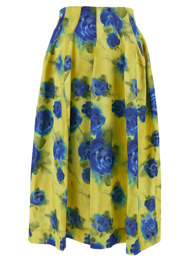 Marni Pleated Floral-print Flare Midi Skirt In Yellow