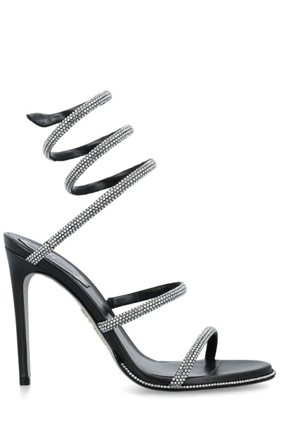 René Caovilla Embellished Spiral Strap Heeled Sandals In Black