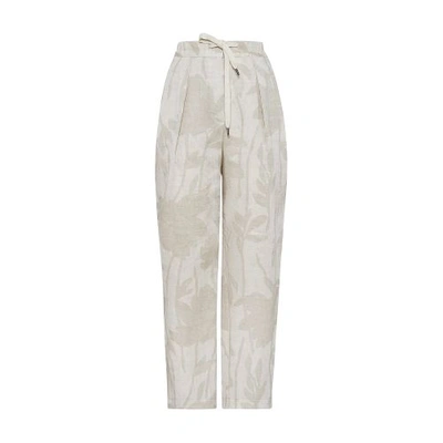Brunello Cucinelli Floral-jacquard Linen Tapered Trousers In Nature
