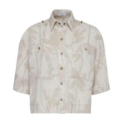 Brunello Cucinelli Floral-print Linen Shirt In Natural