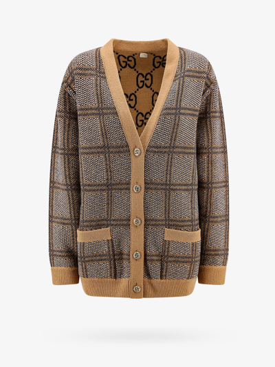 Gucci Reversible Checked Wool Cardigan In Beige