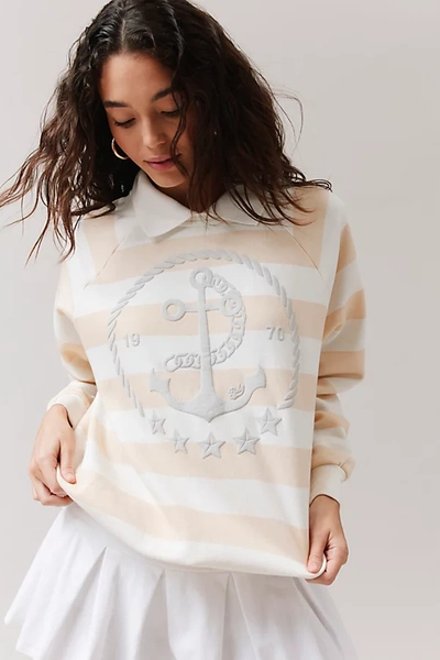 Bdg Hayes Anchor Striped Collared Sweatshirt In Ivory, Women's At Urban Outfitters