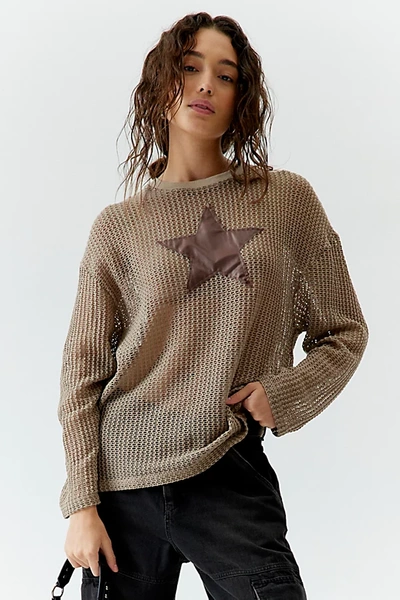 Urban Outfitters Applique Star Open Knit Long Sleeve Tee In Khaki, Women's At