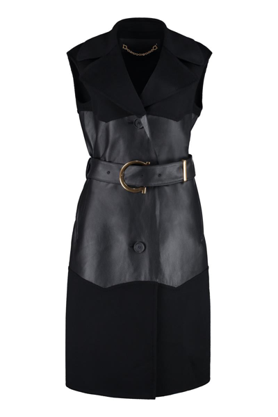 Ferragamo Panelled Belted Sleeveless Trench Coat In Black