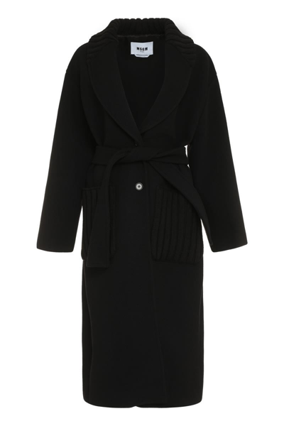 Msgm Woman Coat Black Size 6 Virgin Wool, Polyamide