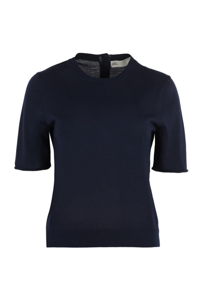 Tory Burch Wool And Silk Short Sleeve Pullover In Dark Navy