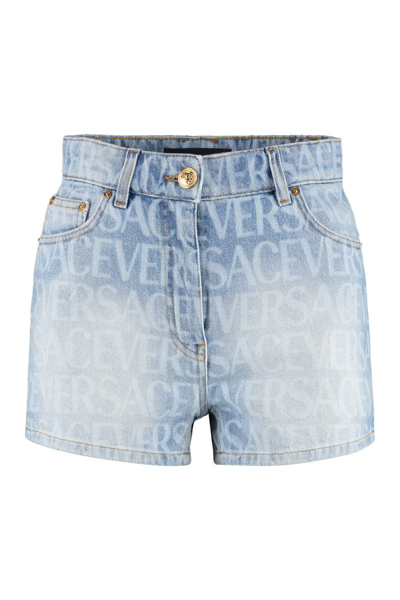 Versace Logo Denim Shorts In Multi-colored