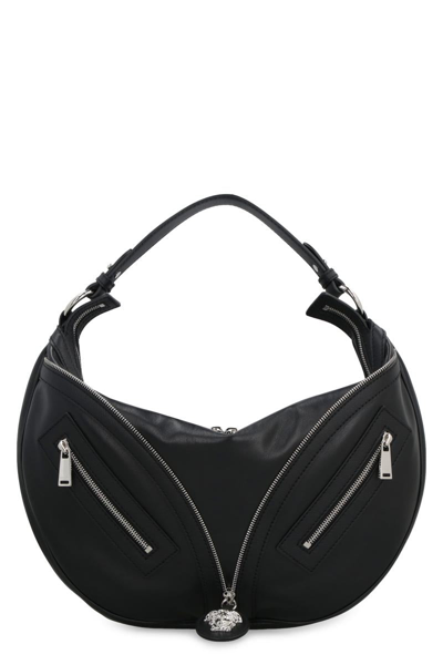Versace Women Calf Leather Zipper Small Hobo Bag In 1b00p Black Palladium