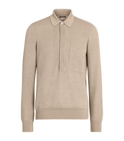 Zegna Cotton-silk Polo Sweater In Light Beige Melange