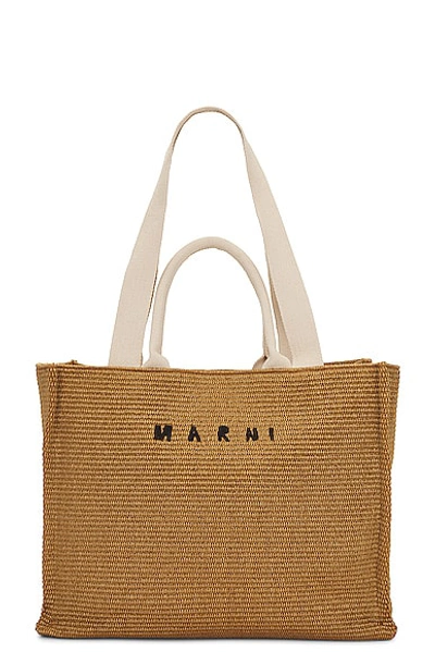 Marni Logo-embroidered Raffia Tote In Beige