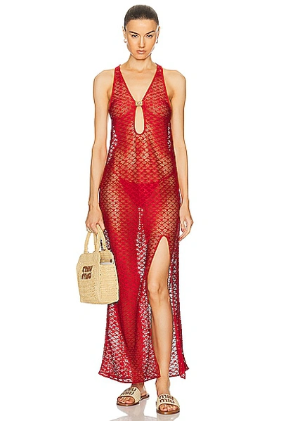 Ganni Mesh Lace Long Dress In Racing Red