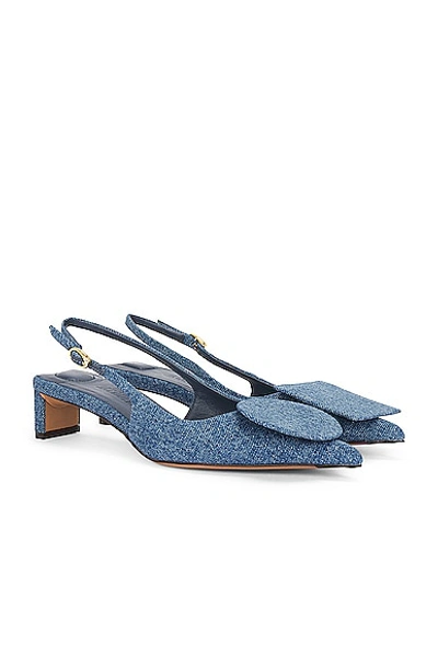 Jacquemus Block Heel Denim Texture Pointed Toe Slingback In Blue