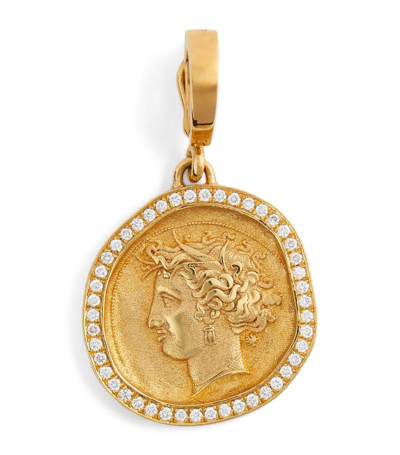 Azlee Small Yellow Gold And Diamond Goddess Coin Charm