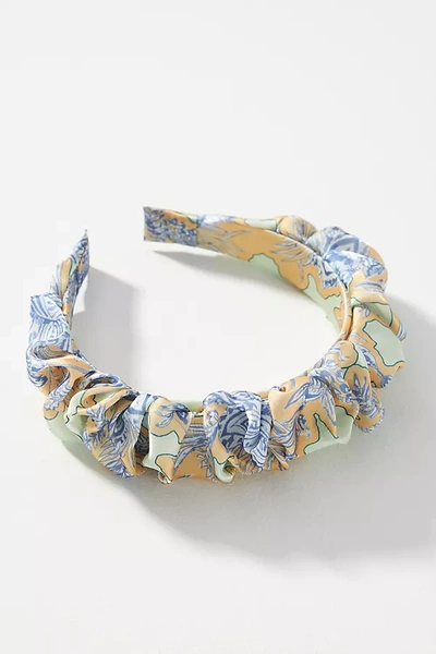 By Anthropologie Scrunch Satin Floral Headband In Mint