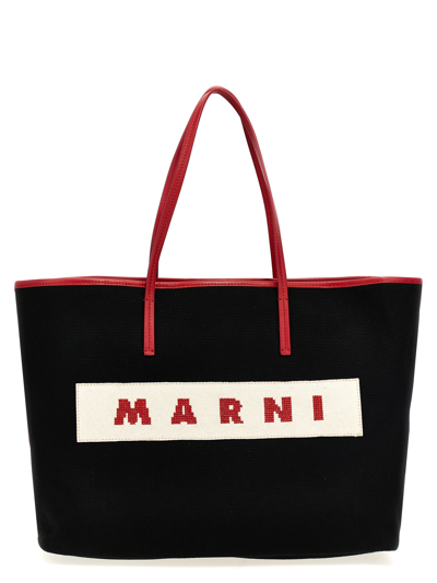Marni Logo Canvas Shopping Bag Tote Bag Multicolor In Black