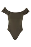 VINCE CAMUTO VINCE CAMUTO OFF THE SHOULDER RUFFLE ONE-PIECE SWIMSUIT