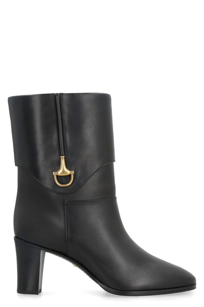 Gucci Half Horsebit Leather Ankle Boots In Black