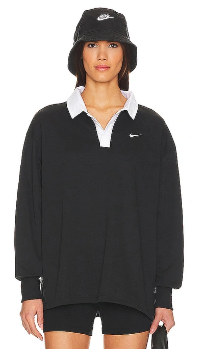 Nike Sportswear Essential Long Sleeve Polo In Black & White