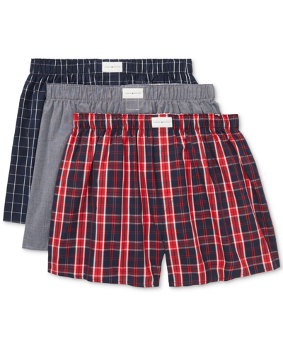 Tommy Hilfiger Men's 3-pack Classic Printed Cotton Poplin Boxers In Medium Red