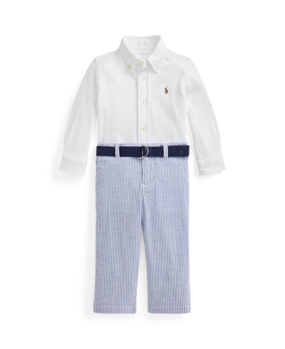 Polo Ralph Lauren Baby Boys Shirt, Belt And Seersucker Pants, 3 Piece Set In White