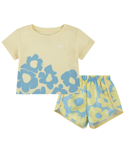 Nike Babies' Toddler Girls Dri-fit Floral Short Sleeve T-shirt And Shorts Set In Aquarius Blue