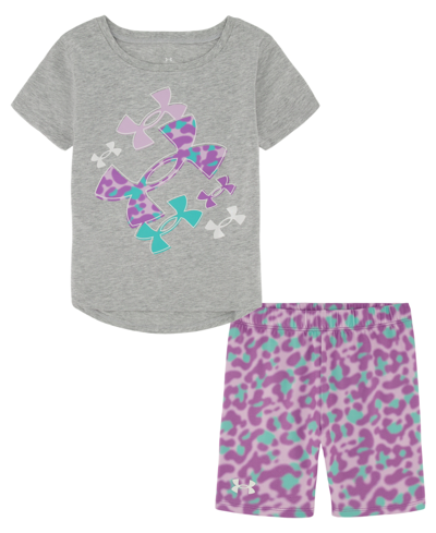 Under Armour Kids' Little Girls Leopard Logo Bike T-shirt And Shorts Set In Mod Gray
