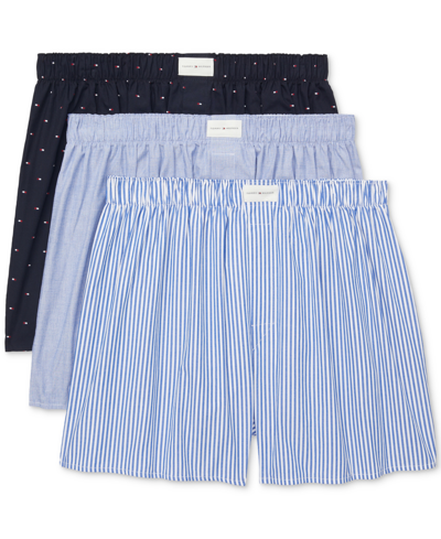 Tommy Hilfiger Men's 3-pack Classic Printed Cotton Poplin Boxers In Pacific