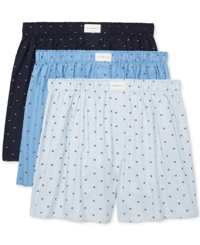 Tommy Hilfiger Men's 3-pack Classic Printed Cotton Poplin Boxers In Washed Blue