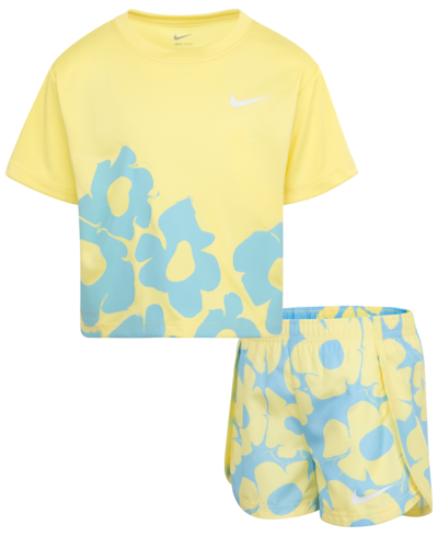 Nike Kids' Little Girls Dri-fit Floral Short Sleeve T-shirt And Shorts Set In Aquarius Blue