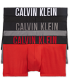 Calvin Klein Intense Power Logo Waistband Micro Low Rise Trunks, Pack Of 3 In Black,grey Sky,pomeian Red