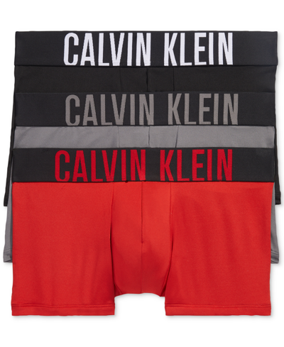 Calvin Klein Intense Power Logo Waistband Micro Low Rise Trunks, Pack Of 3 In Black,grey Sky,pomeian Red