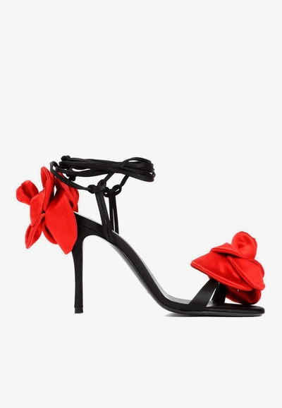 Magda Butrym Floral-appliqué Satin Slingback Sandals In Black